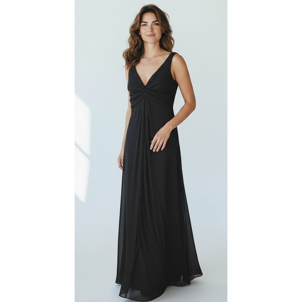 Alex Evenings Gown Women 10 Black Excellent Knot Front V-Neck Chiffon Maxi Dress